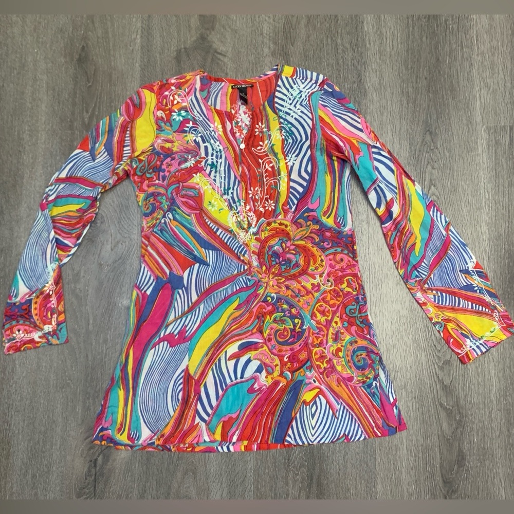 Vtg Lucky Brand Multi Color Tunic Blouse Embroidered Hippie Flower Power Small